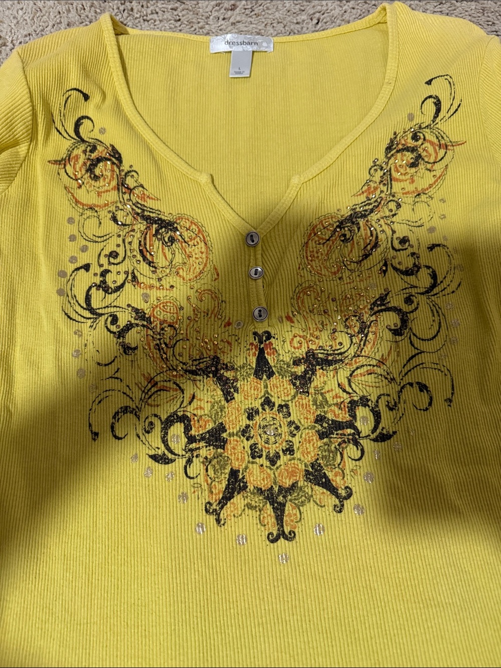 dressbarn Yellow Ribbed V-Neck Top with Embellished Print